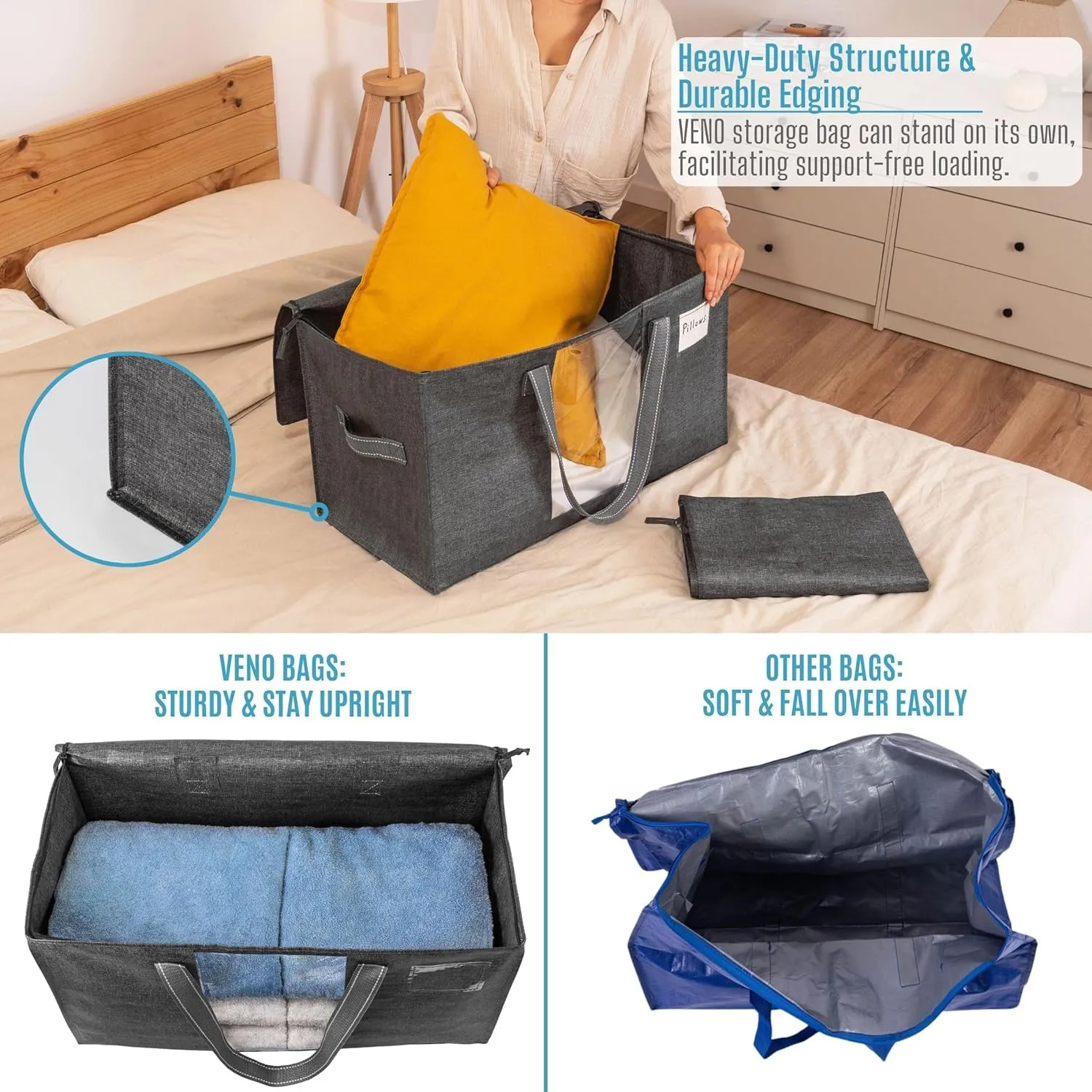 VENO 8 Pack Moving Bags, Comforter and Blanket Storage Bags for Closet, Moving Boxes, Boxes with Lids Alternative, College Dorm Packing Supplies, Foldable Heavy-Duty Tote with Window (Gray, 8 Pack)