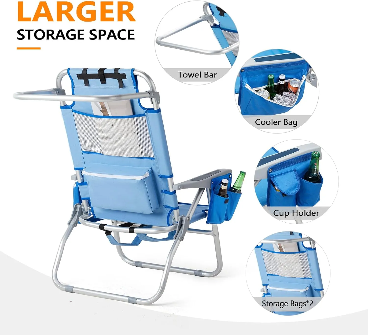 VINGLI Backpack Beach Chair 2 Pack, with 5-Position, Cup Holders, Cooler Bag, Towel Bar, Lightweight Folding Beach Camping Chairs for Adults(Blue-13)
