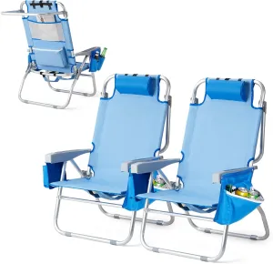 VINGLI Backpack Beach Chair 2 Pack, with 5-Position, Cup Holders, Cooler Bag, Towel Bar, Lightweight Folding Beach Camping Chairs for Adults(Blue-13)
