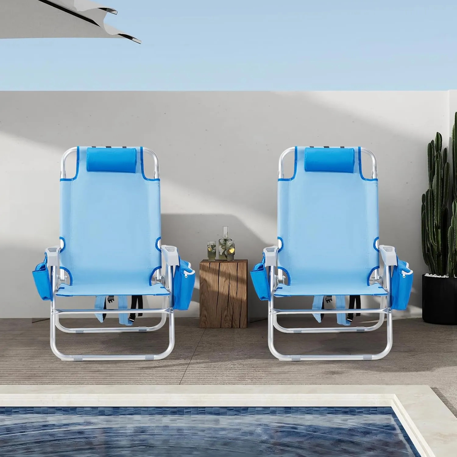 VINGLI Backpack Beach Chair 2 Pack, with 5-Position, Cup Holders, Cooler Bag, Towel Bar, Lightweight Folding Beach Camping Chairs for Adults(Blue-13)
