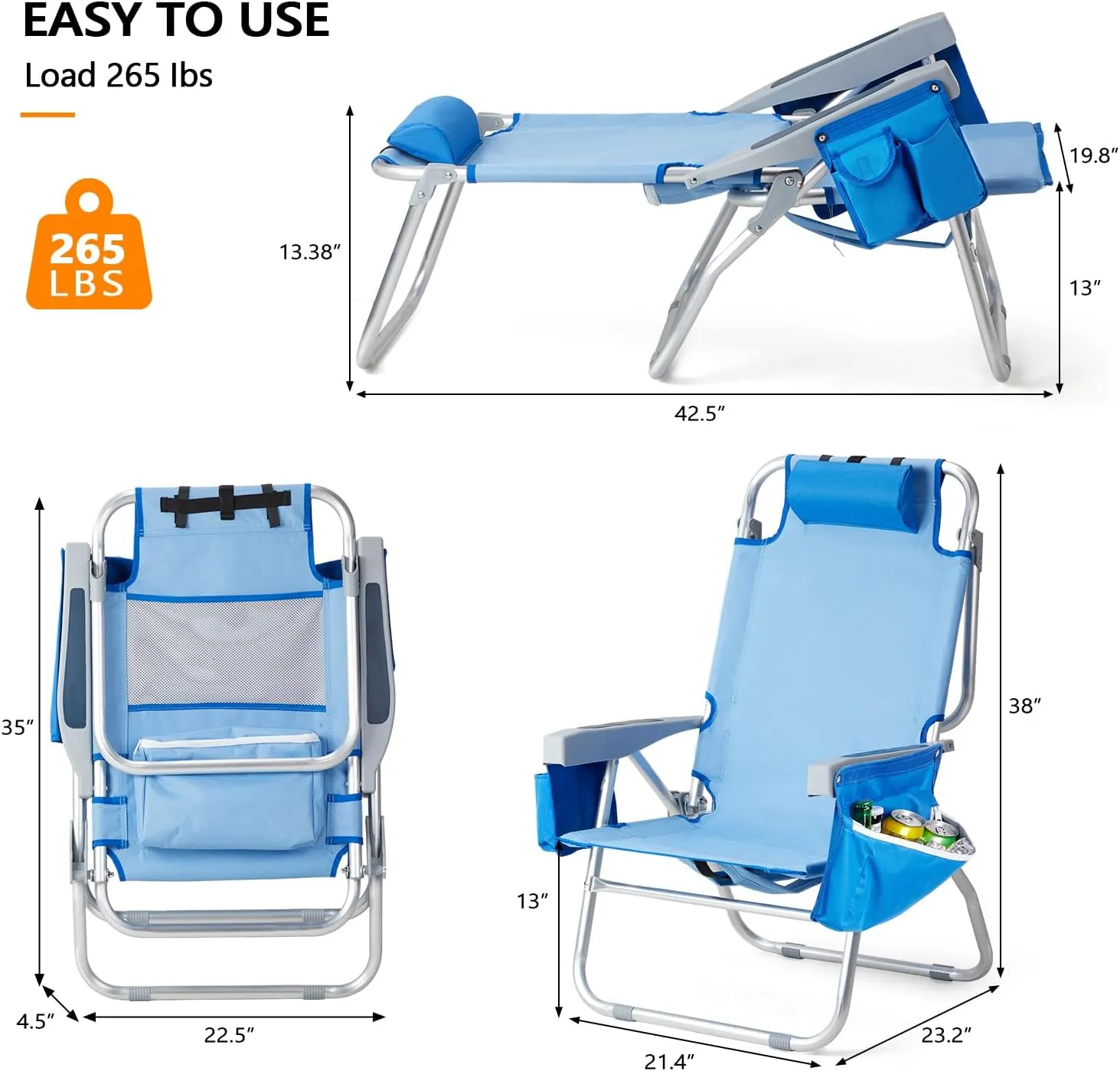 VINGLI Backpack Beach Chair 2 Pack, with 5-Position, Cup Holders, Cooler Bag, Towel Bar, Lightweight Folding Beach Camping Chairs for Adults(Blue-13)