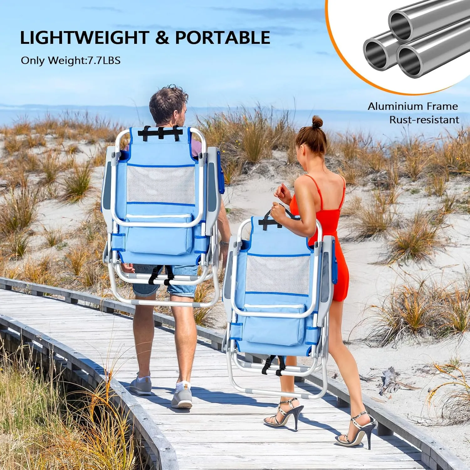 VINGLI Backpack Beach Chair 2 Pack, with 5-Position, Cup Holders, Cooler Bag, Towel Bar, Lightweight Folding Beach Camping Chairs for Adults(Blue-13)