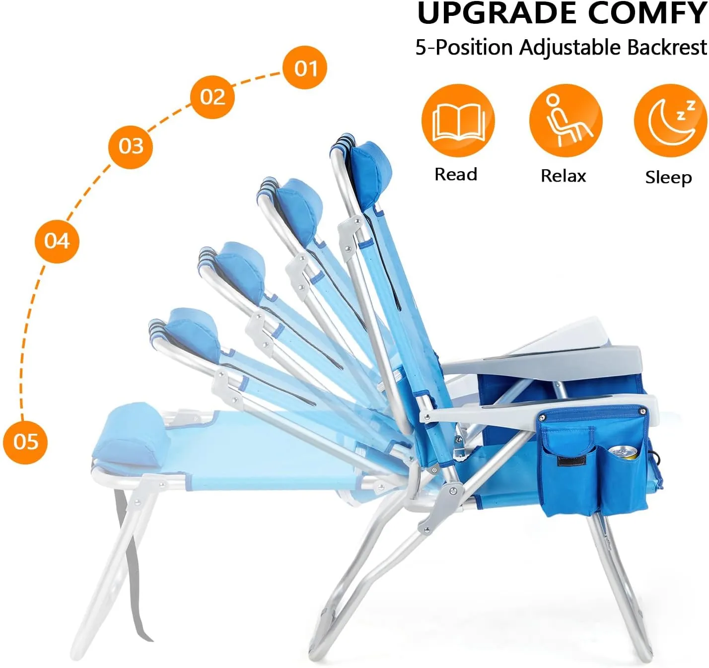VINGLI Backpack Beach Chair 2 Pack, with 5-Position, Cup Holders, Cooler Bag, Towel Bar, Lightweight Folding Beach Camping Chairs for Adults(Blue-13)