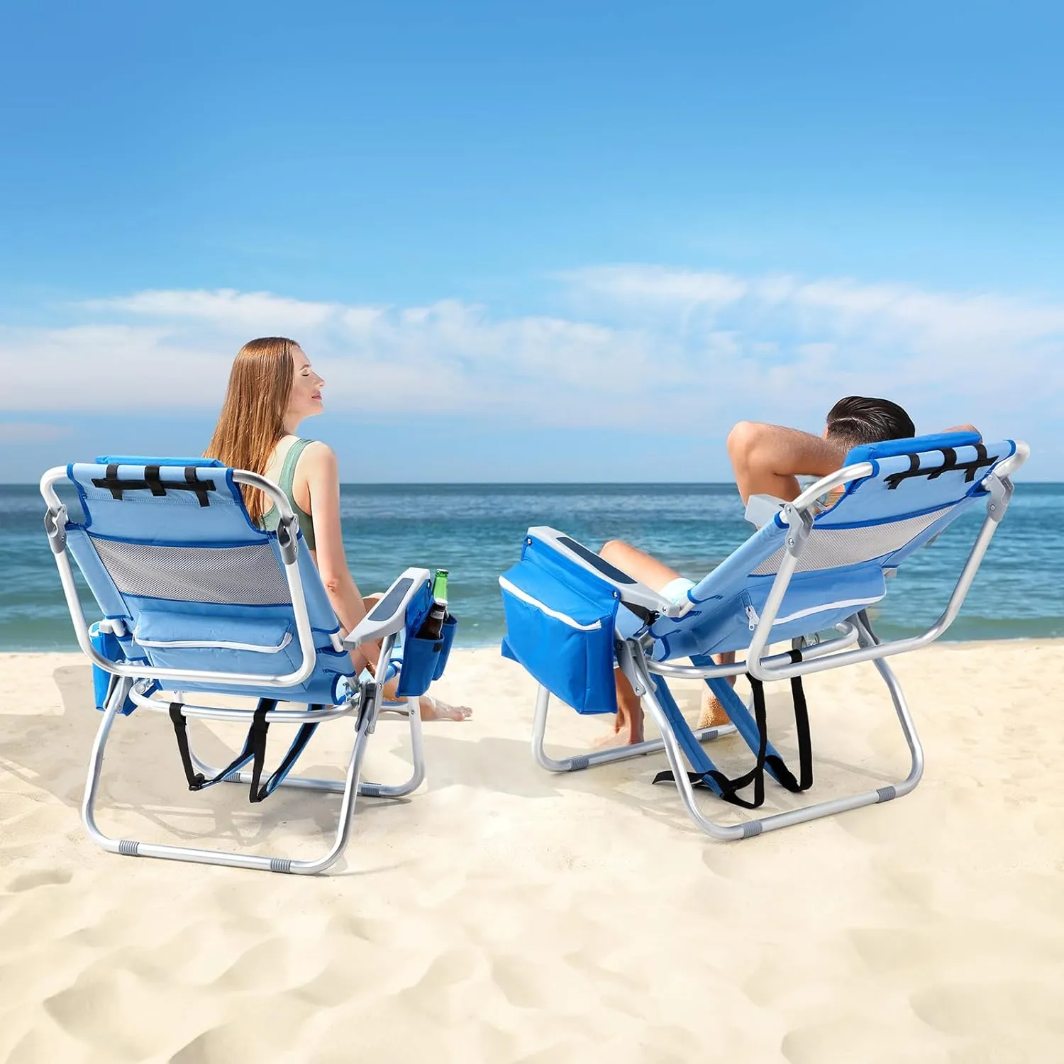 VINGLI Backpack Beach Chair 2 Pack, with 5-Position, Cup Holders, Cooler Bag, Towel Bar, Lightweight Folding Beach Camping Chairs for Adults(Blue-13)