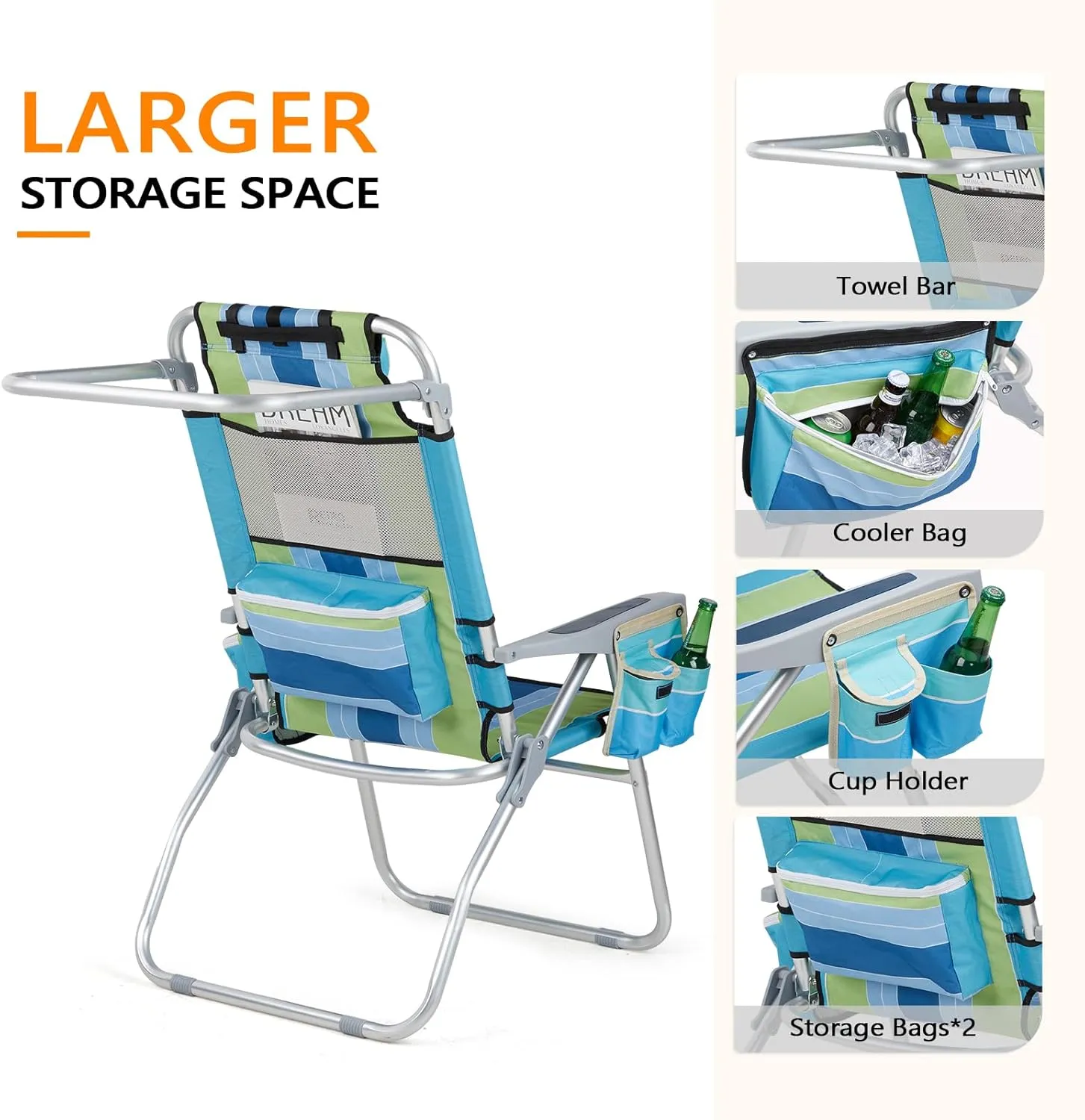 VINGLI Tall Beach Chair 1 Pack, with 5-Position, Cooler Bag, Cup Holders, Towel Bar, Lightweight Folding Beach Camping Chairs for Adults