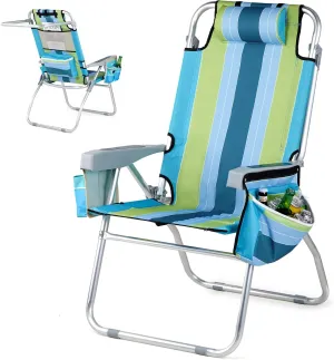 VINGLI Tall Beach Chair 1 Pack, with 5-Position, Cooler Bag, Cup Holders, Towel Bar, Lightweight Folding Beach Camping Chairs for Adults