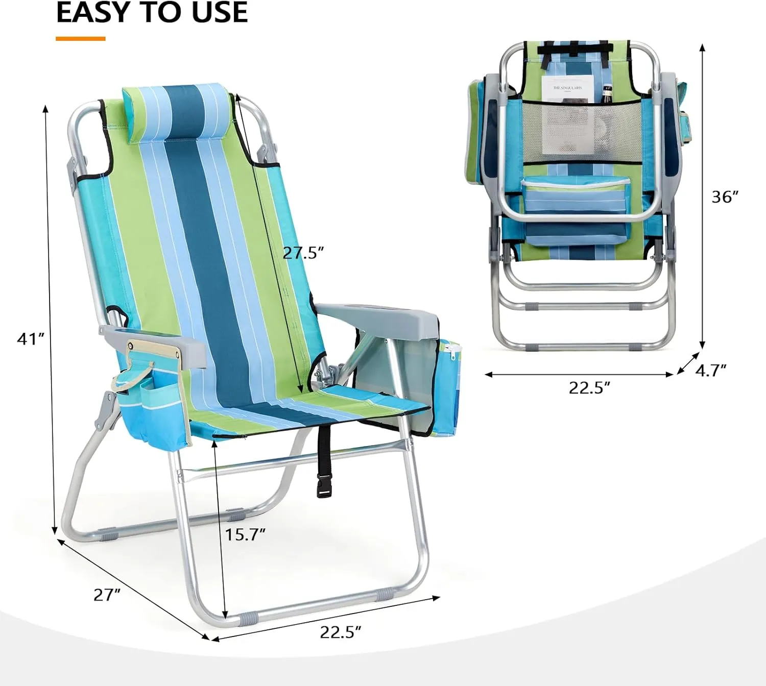 VINGLI Tall Beach Chair 1 Pack, with 5-Position, Cooler Bag, Cup Holders, Towel Bar, Lightweight Folding Beach Camping Chairs for Adults