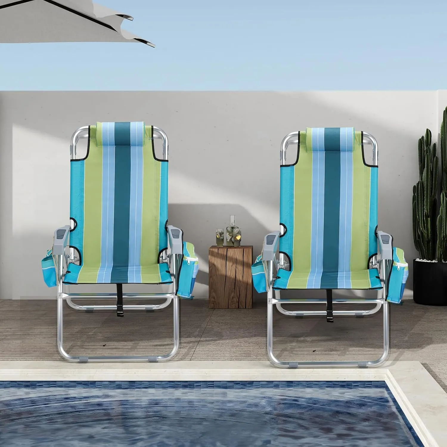 VINGLI Tall Beach Chair 1 Pack, with 5-Position, Cooler Bag, Cup Holders, Towel Bar, Lightweight Folding Beach Camping Chairs for Adults