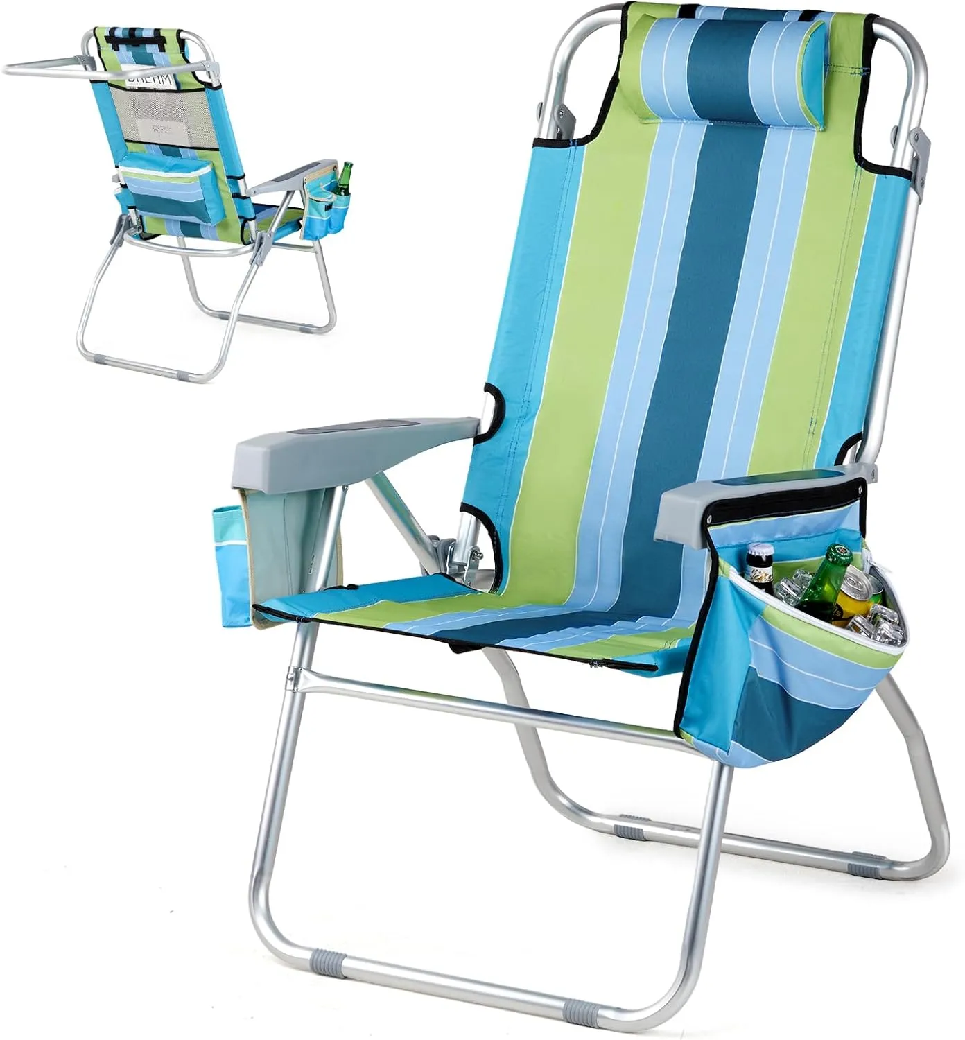 VINGLI Tall Beach Chair 1 Pack, with 5-Position, Cooler Bag, Cup Holders, Towel Bar, Lightweight Folding Beach Camping Chairs for Adults
