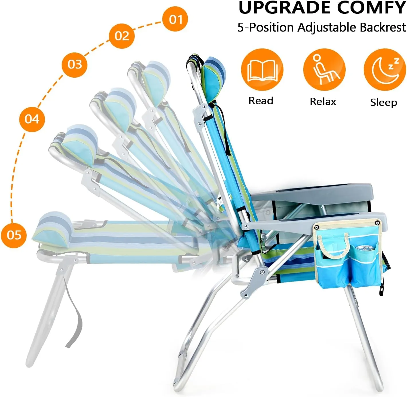 VINGLI Tall Beach Chair 1 Pack, with 5-Position, Cooler Bag, Cup Holders, Towel Bar, Lightweight Folding Beach Camping Chairs for Adults