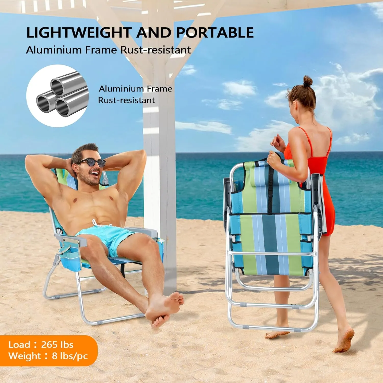 VINGLI Tall Beach Chair 1 Pack, with 5-Position, Cooler Bag, Cup Holders, Towel Bar, Lightweight Folding Beach Camping Chairs for Adults