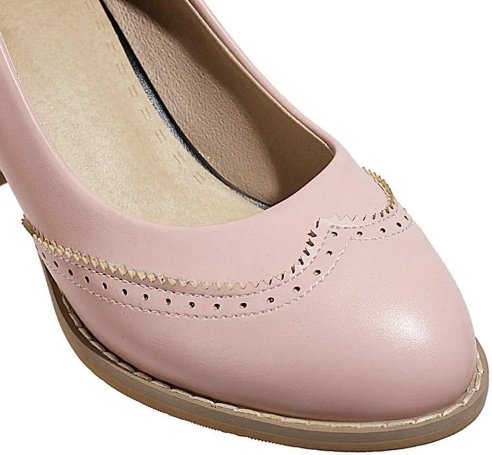 VOKLIN Women's Vintage Round Toe Oxford Pumps Perforated Brogues Leather Chunky Block High Heel Dress Shoes