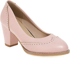 VOKLIN Women's Vintage Round Toe Oxford Pumps Perforated Brogues Leather Chunky Block High Heel Dress Shoes