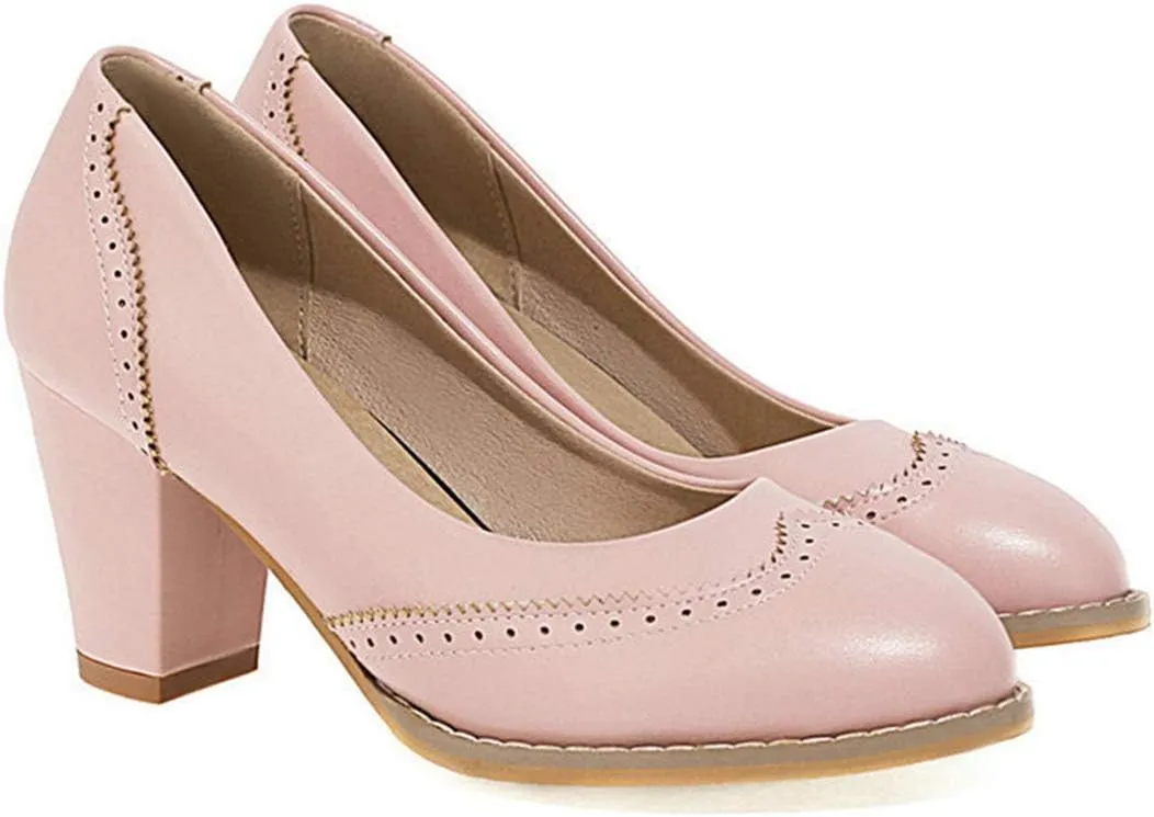 VOKLIN Women's Vintage Round Toe Oxford Pumps Perforated Brogues Leather Chunky Block High Heel Dress Shoes