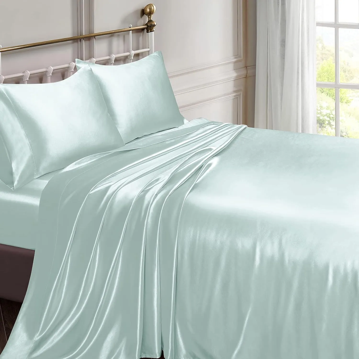 Vonty Satin Sheets Queen Silky Soft Satin Bed Sheets Ice Blue Sheet Set, 1 Deep Pocket Fitted Sheet   1 Flat Sheet   2 Pillowcases