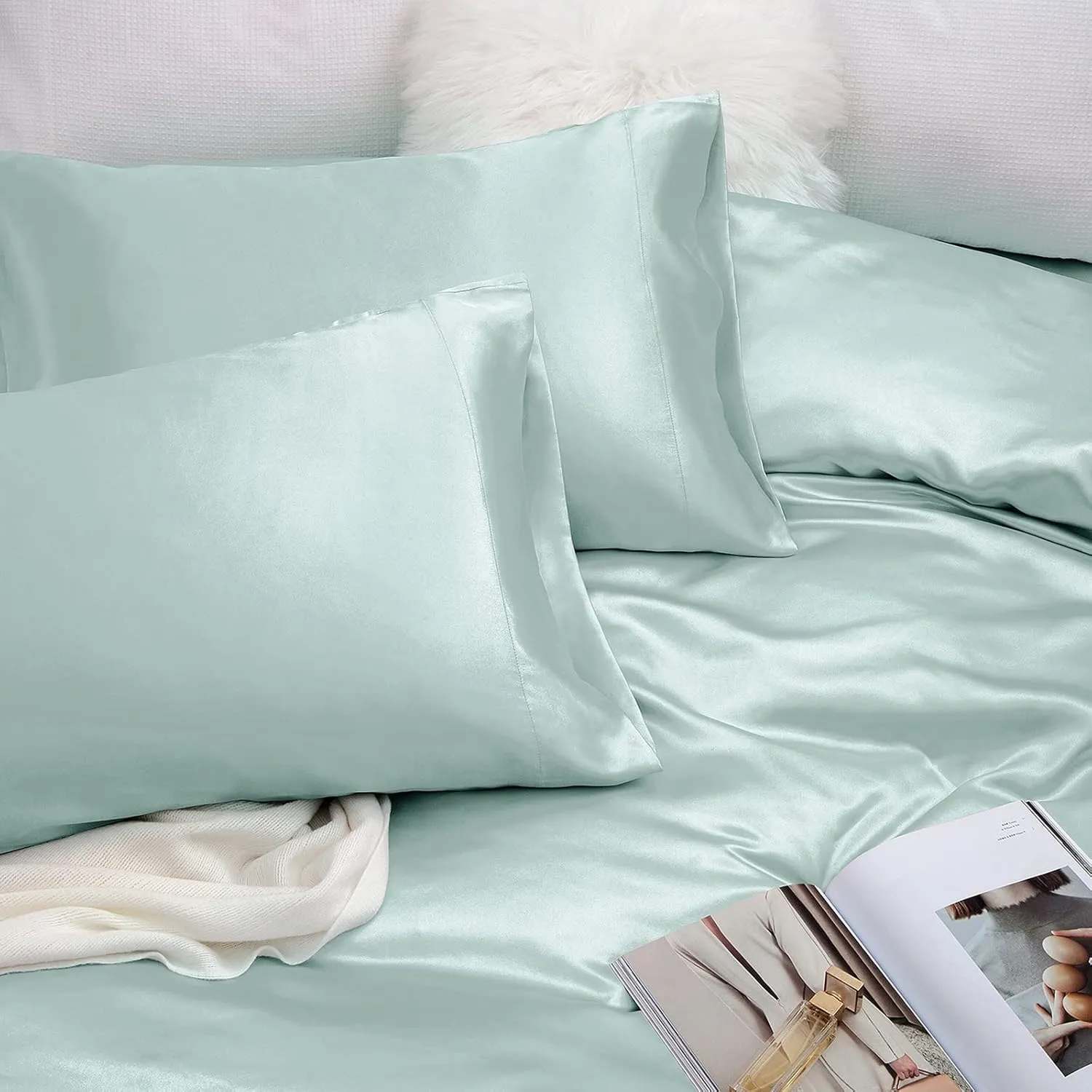 Vonty Satin Sheets Queen Silky Soft Satin Bed Sheets Ice Blue Sheet Set, 1 Deep Pocket Fitted Sheet   1 Flat Sheet   2 Pillowcases