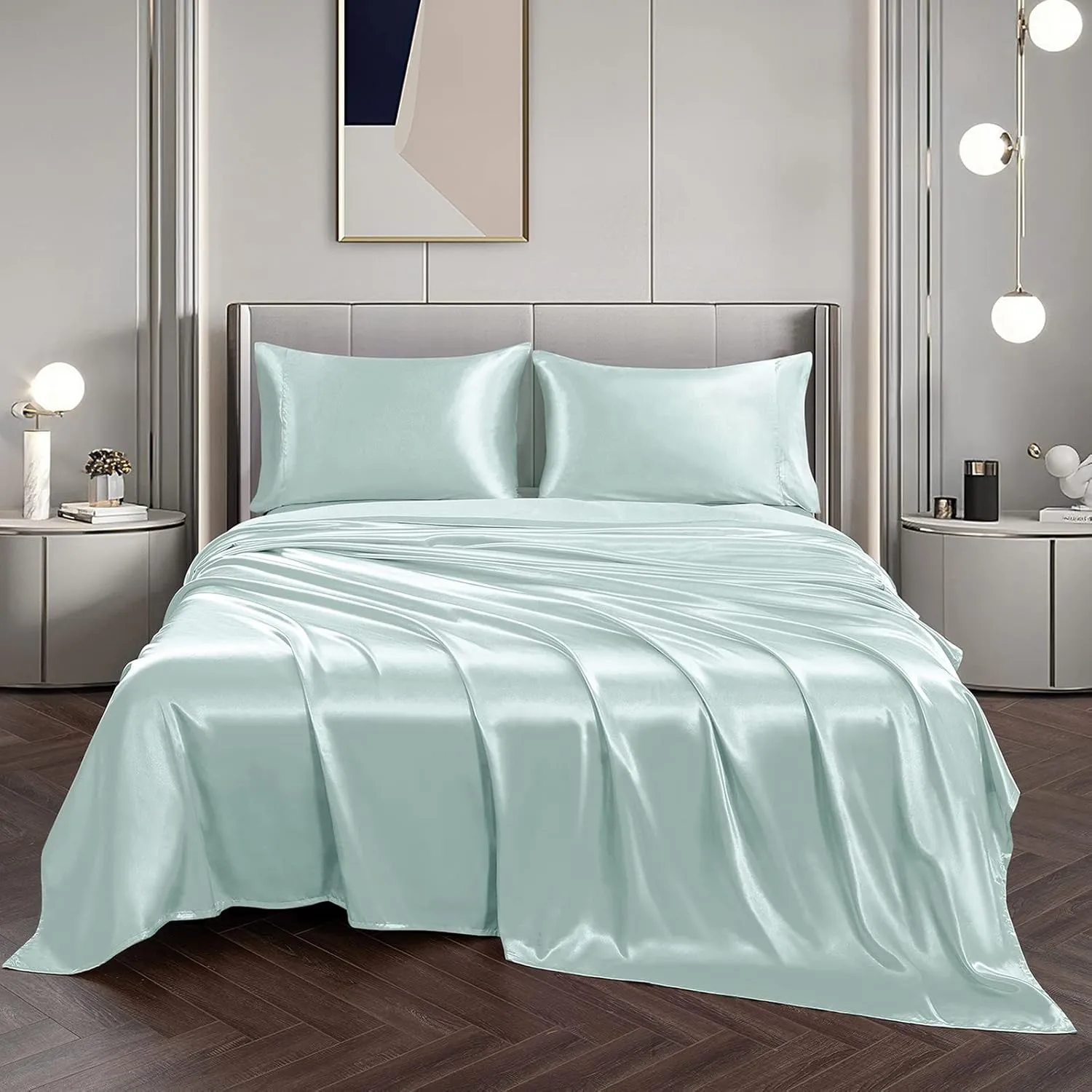 Vonty Satin Sheets Queen Silky Soft Satin Bed Sheets Ice Blue Sheet Set, 1 Deep Pocket Fitted Sheet   1 Flat Sheet   2 Pillowcases
