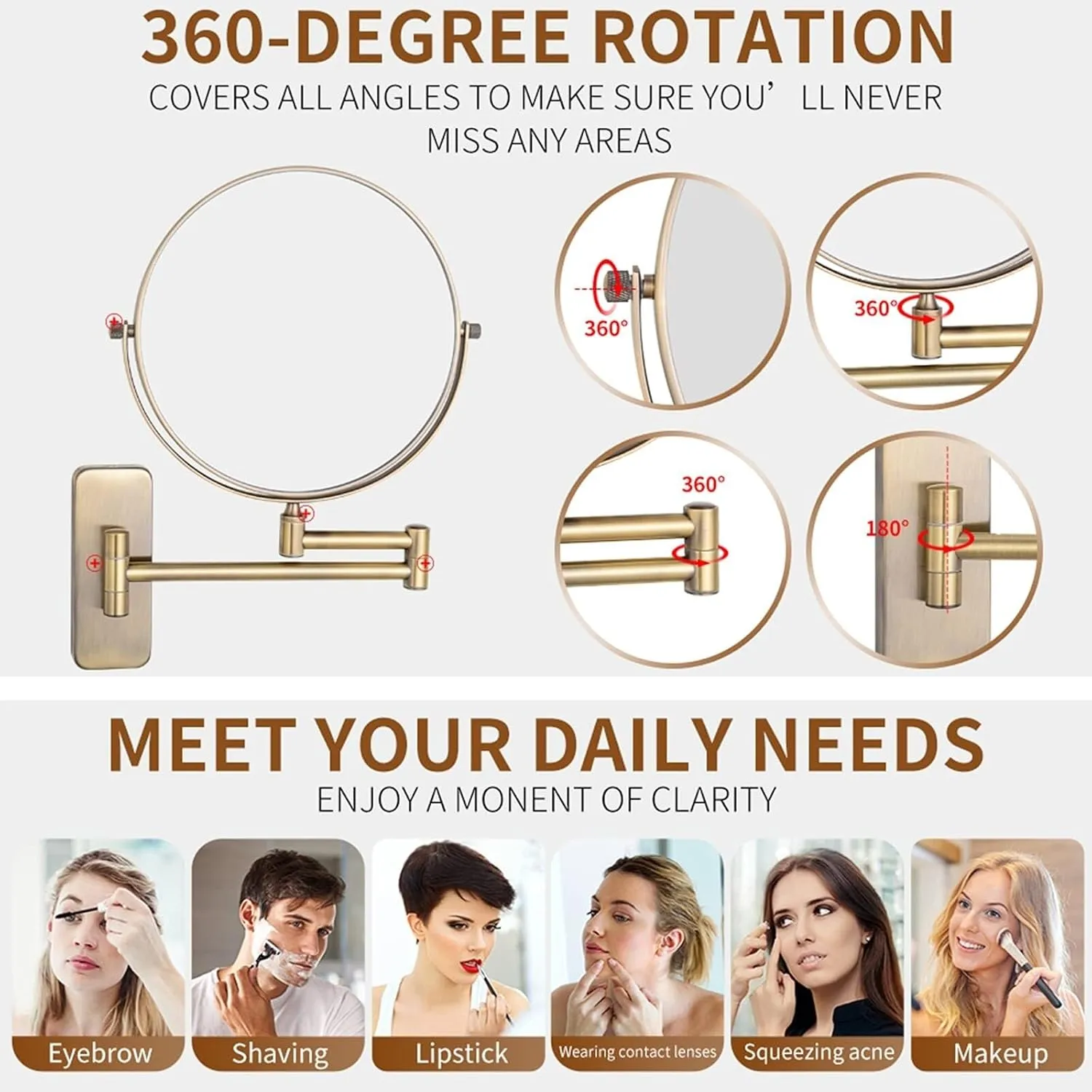 Wall Mounted Makeup Mirror, 360° Rotatable, Nickel Finish, Extendable Folding Arm, Magnification Shaving Mirror(Brass)