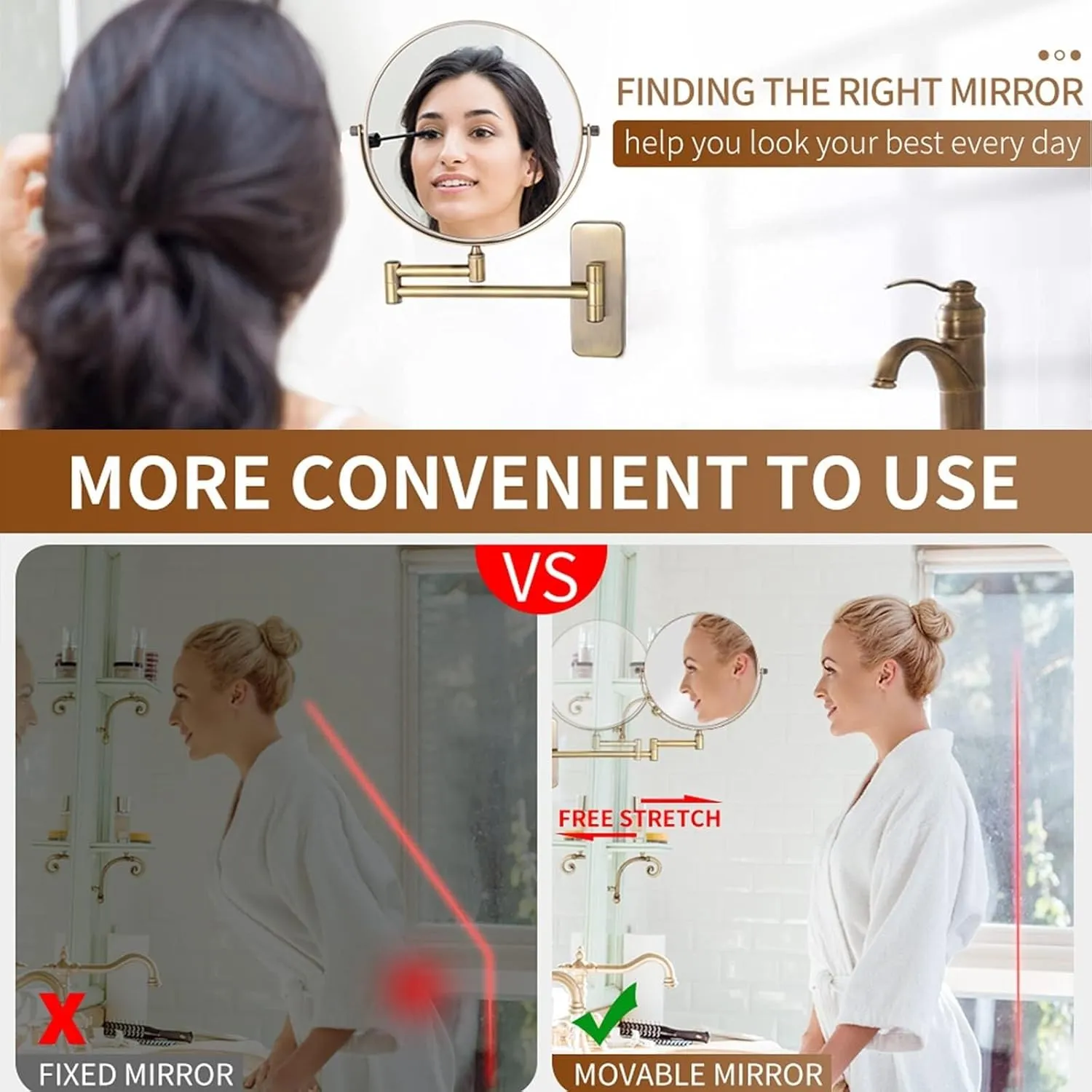 Wall Mounted Makeup Mirror, 360° Rotatable, Nickel Finish, Extendable Folding Arm, Magnification Shaving Mirror(Brass)