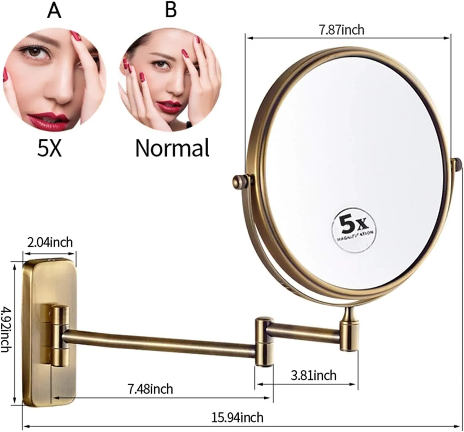 Wall Mounted Makeup Mirror, 360° Rotatable, Nickel Finish, Extendable Folding Arm, Magnification Shaving Mirror(Brass)