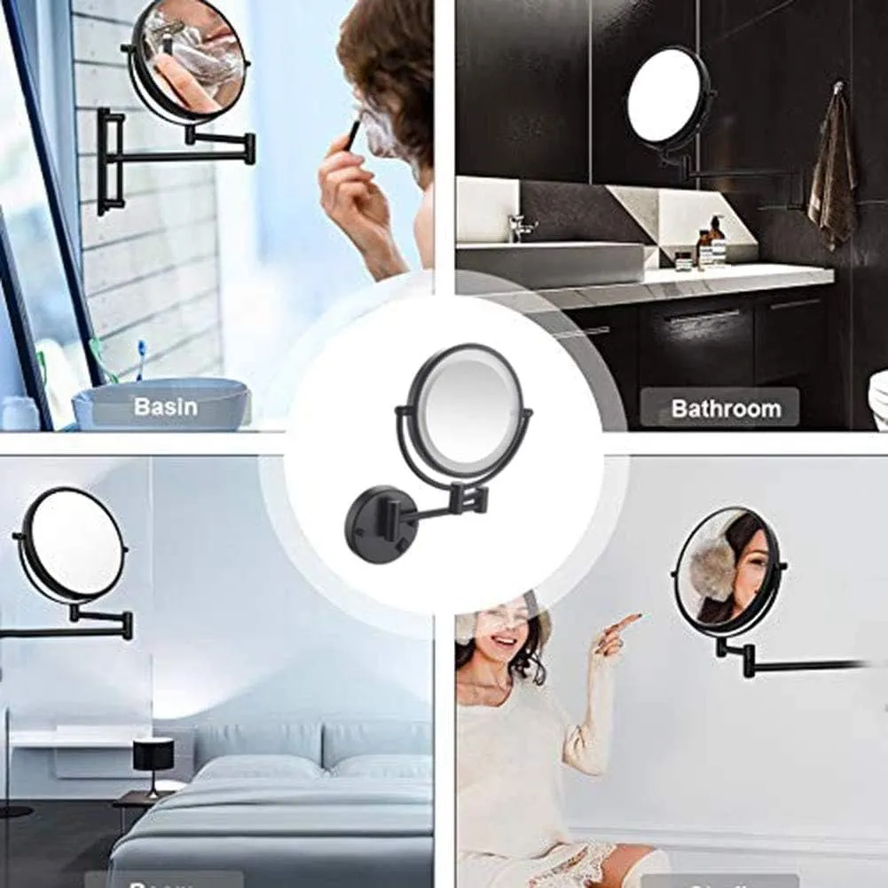 Wall Mounted Makeup Mirror, 8-Inch Two-Sided Extension Wall Mount Mirror with Magnification, 360 Degree Swivel Rotation, 11.1-Inch Extension, USB Rech