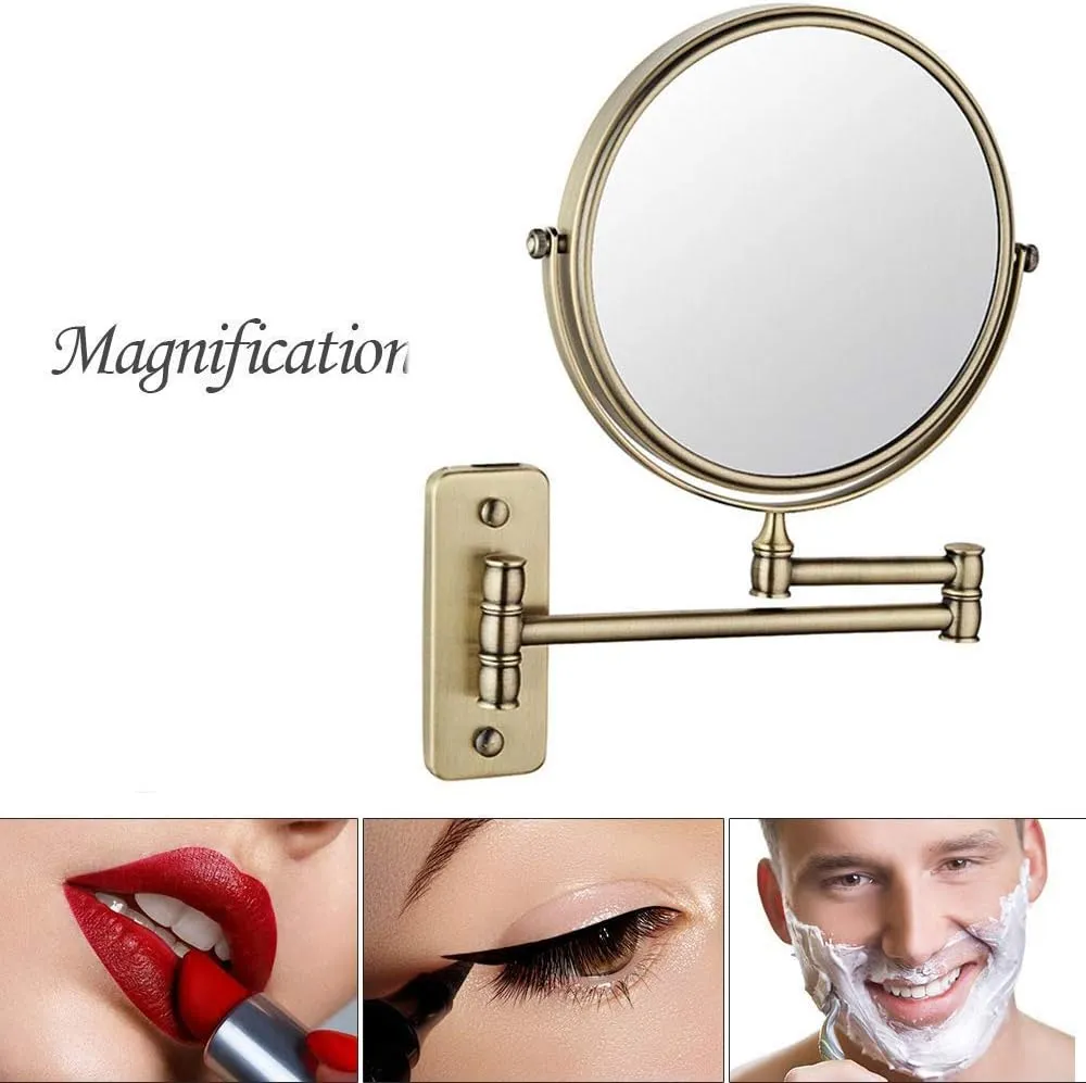 Wall Mounted Makeup Mirror, 8-Inch Two-Sided Swivel Wall Mount Mirror with Magnification, 360 Degree Swivel, No Light, 6.9-Inch Extension, Antique Color, for Bathroom(5X)