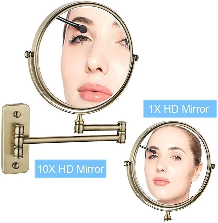 Wall Mounted Makeup Mirror, 8-Inch Two-Sided Swivel Wall Mount Mirror with Magnification, 360 Degree Swivel, No Light, 6.9-Inch Extension, Antique Color, for Bathroom(5X)