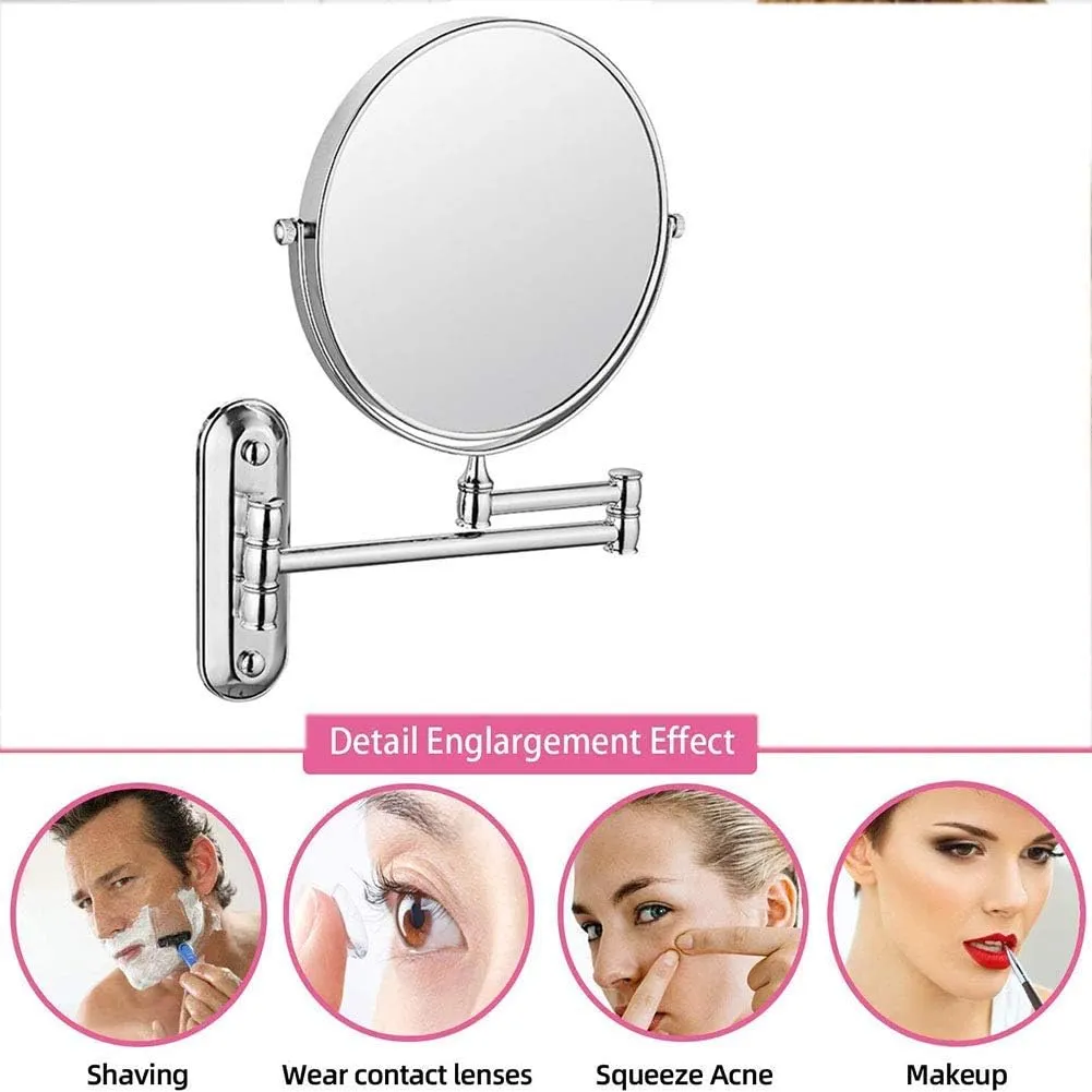 Wall Mounted Makeup Mirror, Premium 8'' Two-Sided Bathroom Vanity Mirror with Magnification, Extendable Arm, 360 Degree Swivel, Round, for Bathroom(Silver,5X)