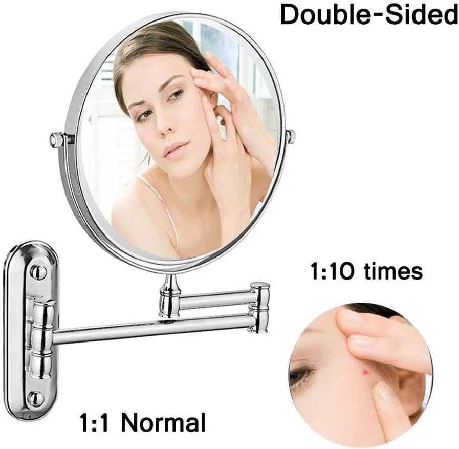 Wall Mounted Makeup Mirror, Premium 8'' Two-Sided Bathroom Vanity Mirror with Magnification, Extendable Arm, 360 Degree Swivel, Round, for Bathroom(Silver,5X)