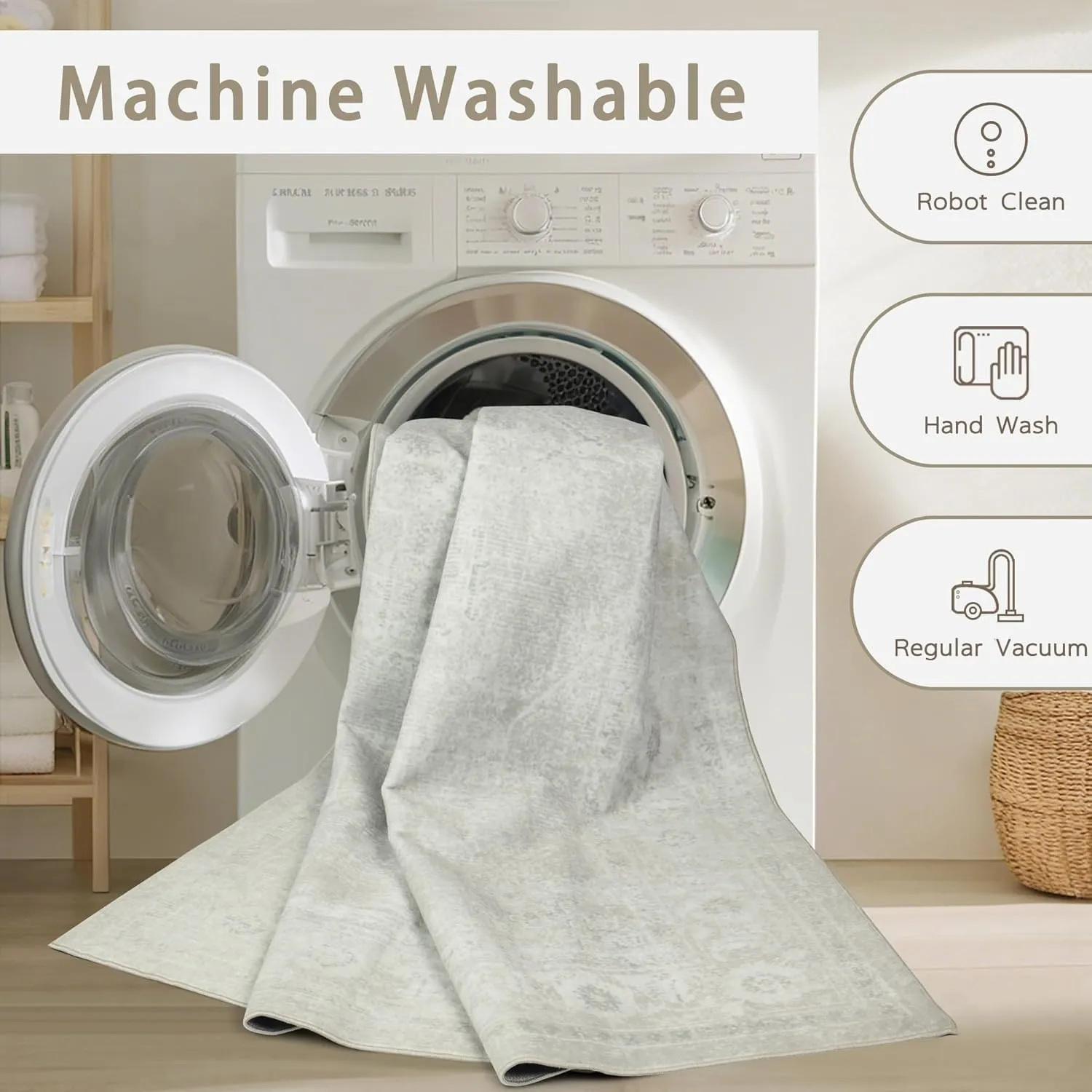 Washable Rugs 5x7 Area Rugs for Living Room,Bedroom,Large Carpets,Ultra Soft Faux Wool Retro Dining Room Rug,Non Slip&Non-Shedding Low Pile Vintage Rugs for Home Office,Concrete Grey