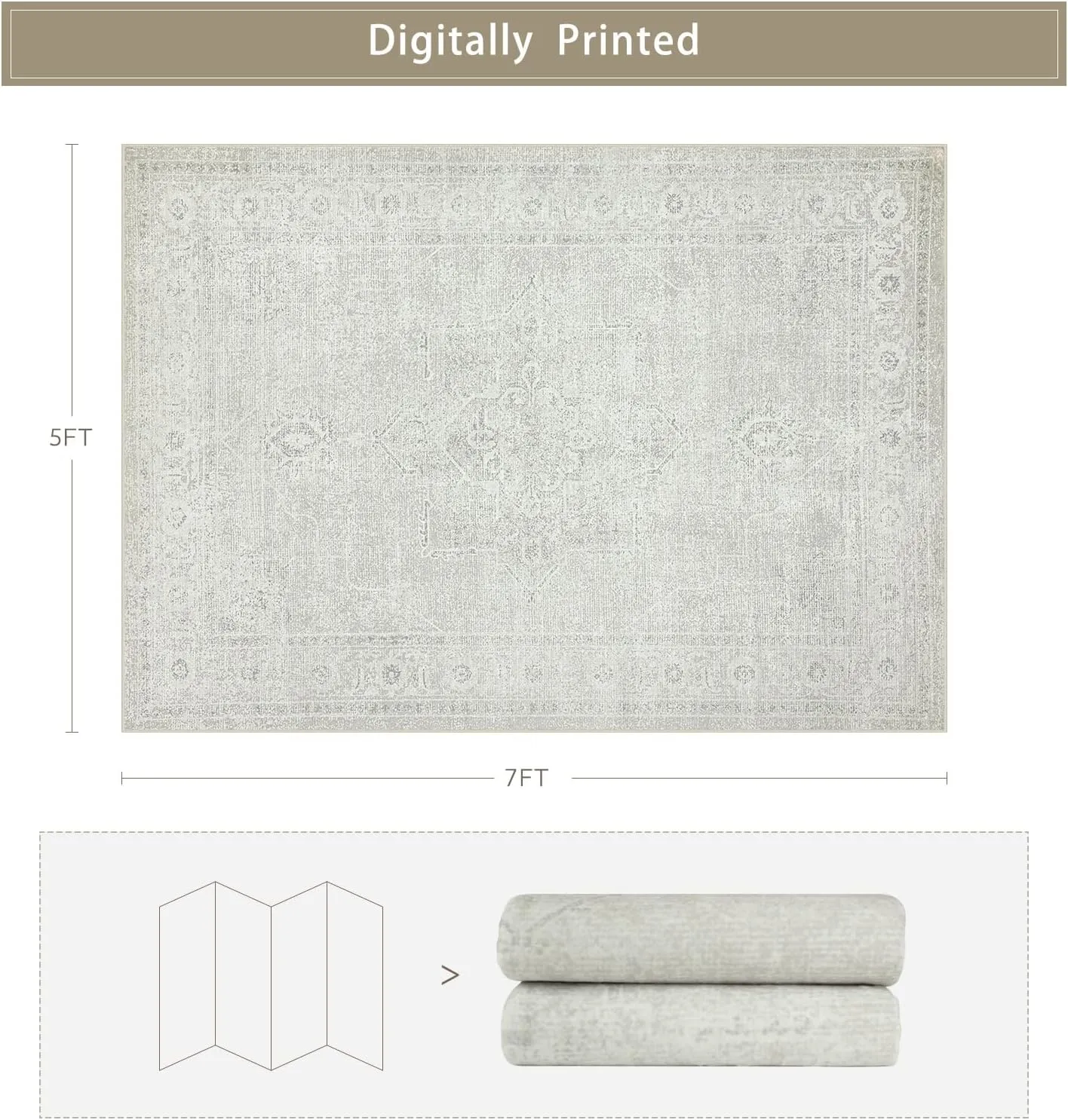 Washable Rugs 5x7 Area Rugs for Living Room,Bedroom,Large Carpets,Ultra Soft Faux Wool Retro Dining Room Rug,Non Slip&Non-Shedding Low Pile Vintage Rugs for Home Office,Concrete Grey