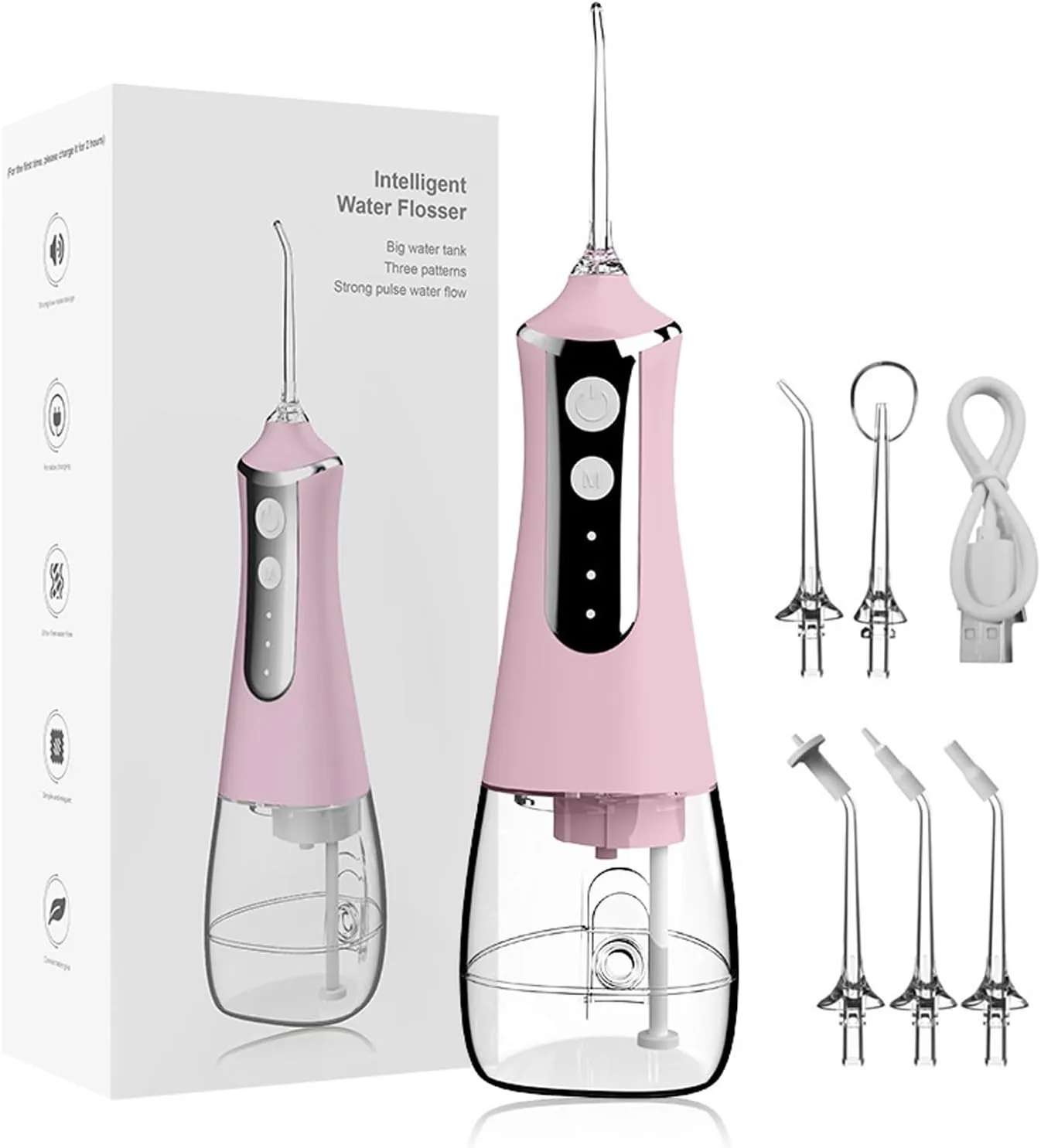 Water Flosser for Teeth Cordless,Professional Oral Irrigator,Ergonomic Non-Slip Grip,3 Modes and 5 Nozzles,300ml Water Tank,Low Noise Level - 70db,for Tooth,Gum and Dental Care (Pink)