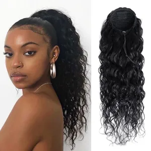 Water Wave Ponytail Extension Drawstring Human Hair Clip In Real Brazilian Virgin Human Ponytails For Black Women Wet And Wavy Hair Pieces Natural Black 18 Inch