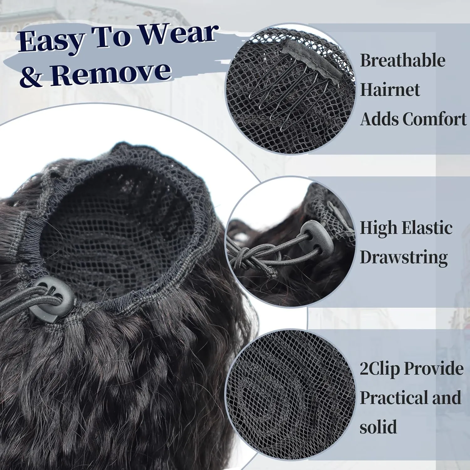 Water Wave Ponytail Extension Drawstring Human Hair Clip In Real Brazilian Virgin Human Ponytails For Black Women Wet And Wavy Hair Pieces Natural Black 18 Inch