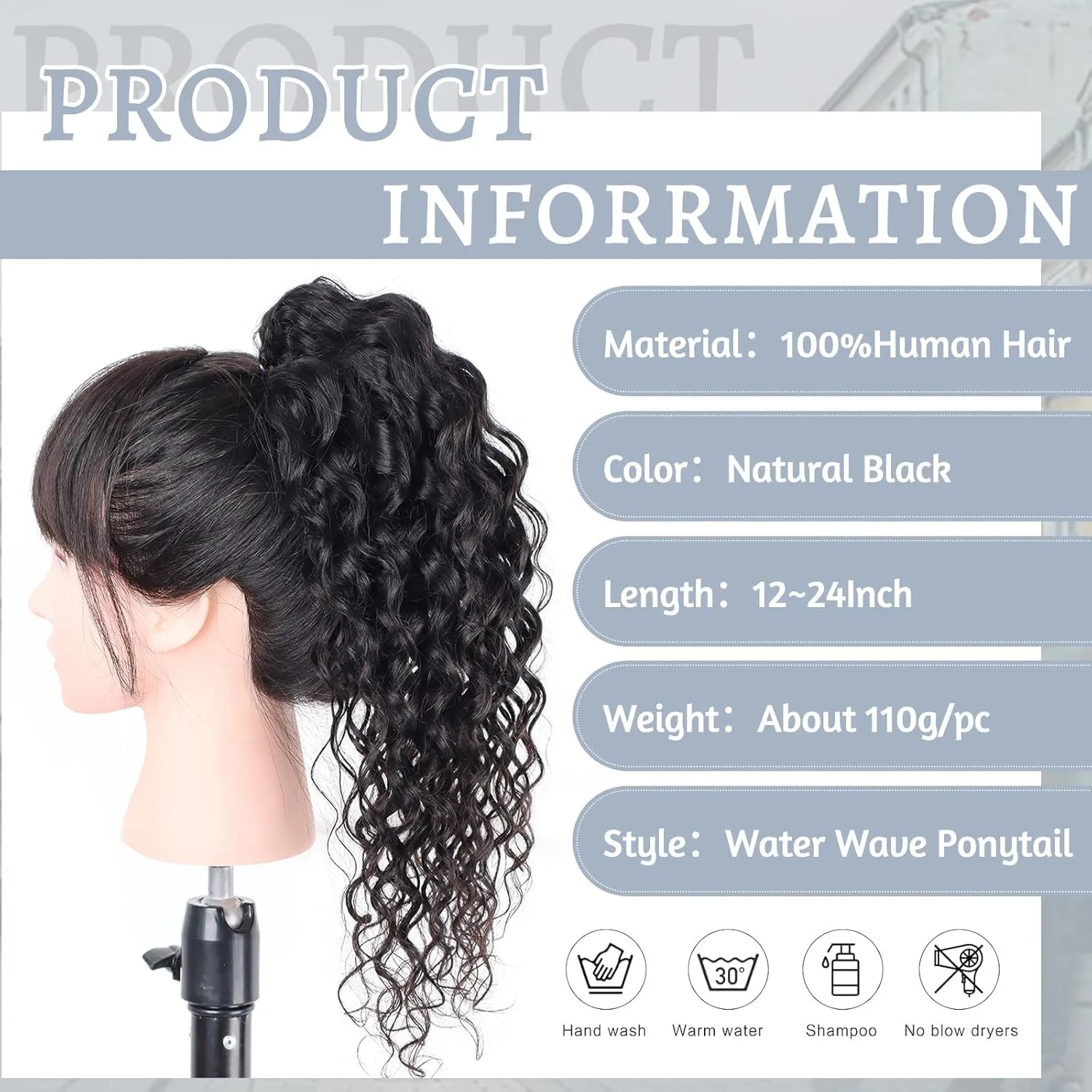 Water Wave Ponytail Extension Drawstring Human Hair Clip In Real Brazilian Virgin Human Ponytails For Black Women Wet And Wavy Hair Pieces Natural Black 18 Inch