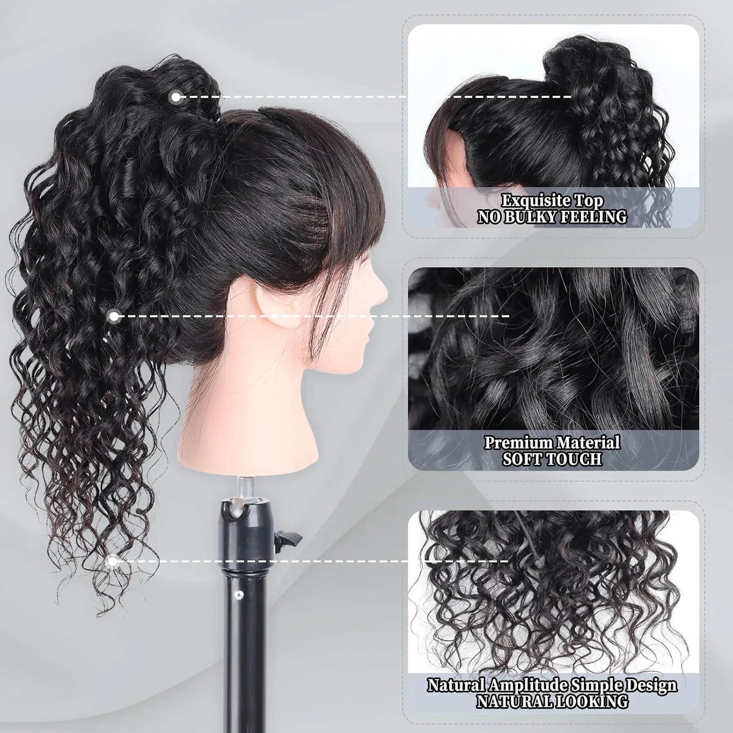 Water Wave Ponytail Extension Drawstring Human Hair Clip In Real Brazilian Virgin Human Ponytails For Black Women Wet And Wavy Hair Pieces Natural Black 18 Inch