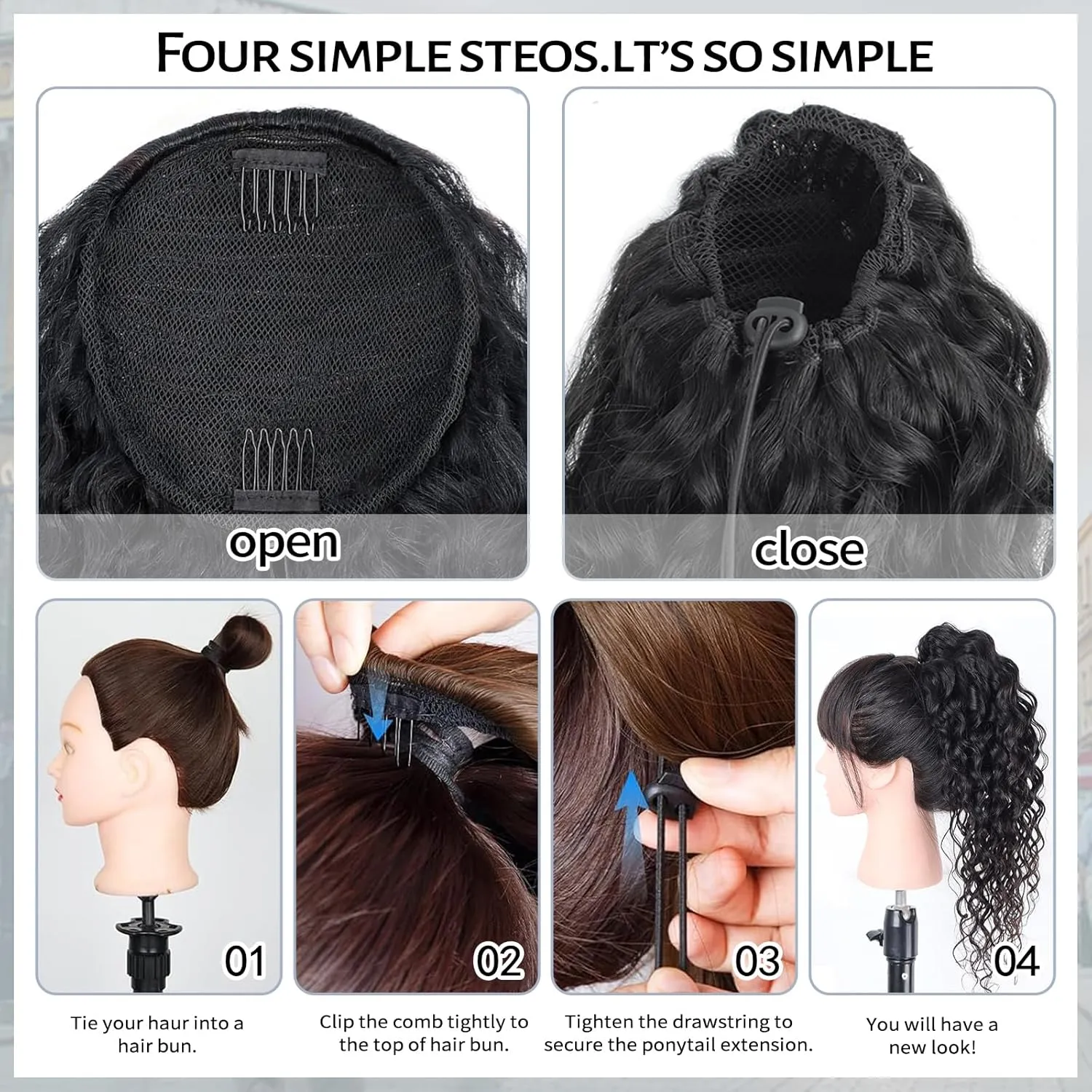 Water Wave Ponytail Extension Drawstring Human Hair Clip In Real Brazilian Virgin Human Ponytails For Black Women Wet And Wavy Hair Pieces Natural Black 18 Inch