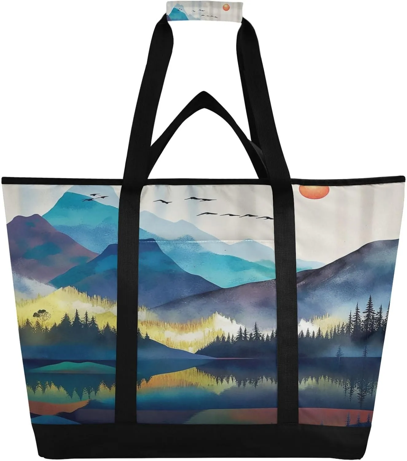 Watercolour Mountain Leak Reusable Insulated Lunchbox Cooler Bag, Leakproof Kitchen Grocery Bag Collapsible Portable Cooler Tote Bag for Picnic, Camping, Office, Travel