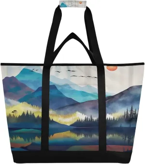 Watercolour Mountain Leak Reusable Insulated Lunchbox Cooler Bag, Leakproof Kitchen Grocery Bag Collapsible Portable Cooler Tote Bag for Picnic, Camping, Office, Travel