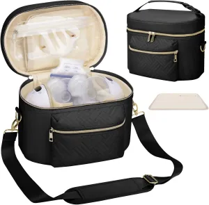 Wearable Breast Pump Bag Compatible with Willow/Elvie/Medela/Momcozy, Portable Pumps Carrying Case for Nursing & Working Moms, Pumping Bag with Mat & Shoulder Strap, Black