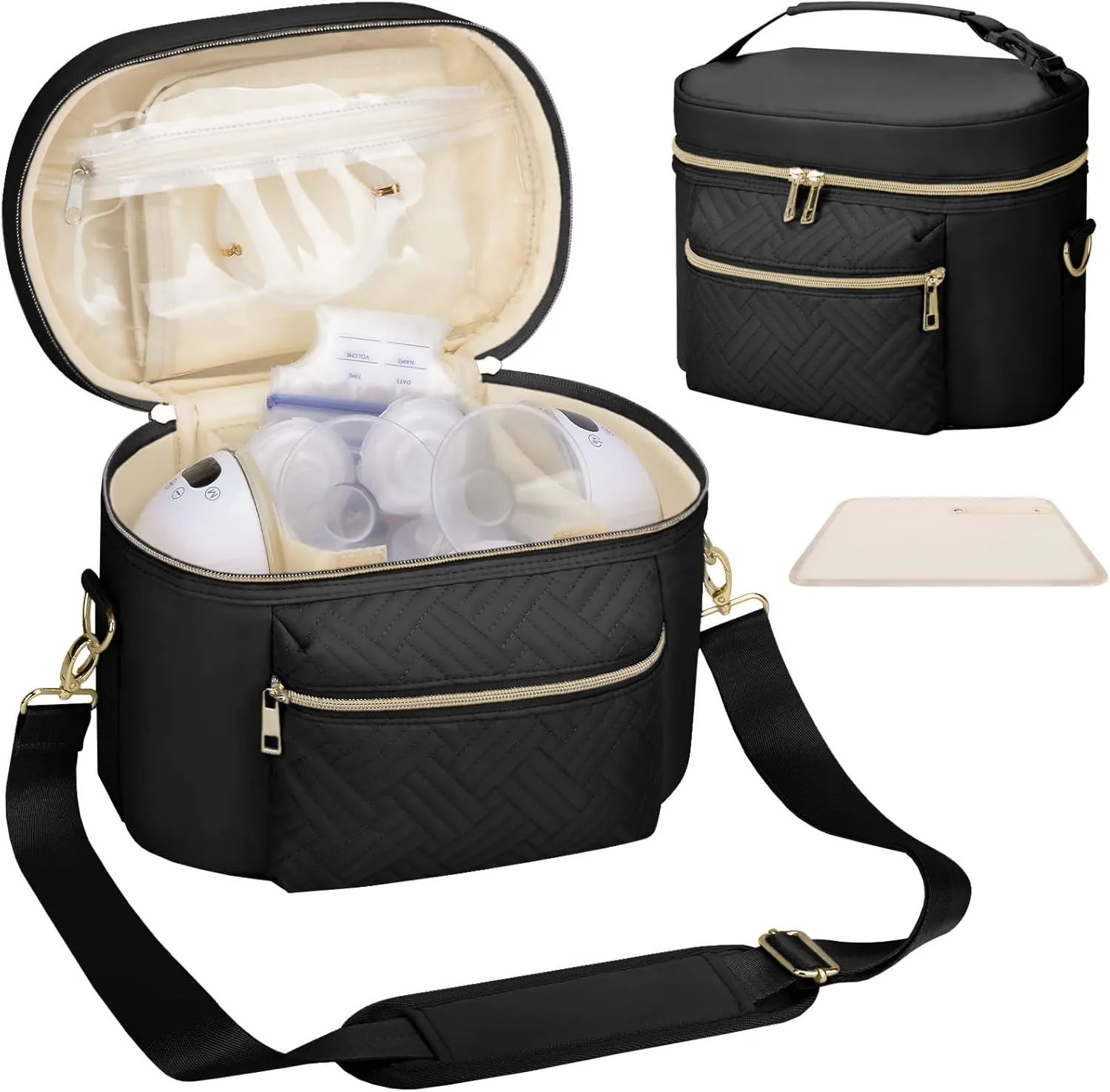 Wearable Breast Pump Bag Compatible with Willow/Elvie/Medela/Momcozy, Portable Pumps Carrying Case for Nursing & Working Moms, Pumping Bag with Mat & Shoulder Strap, Black