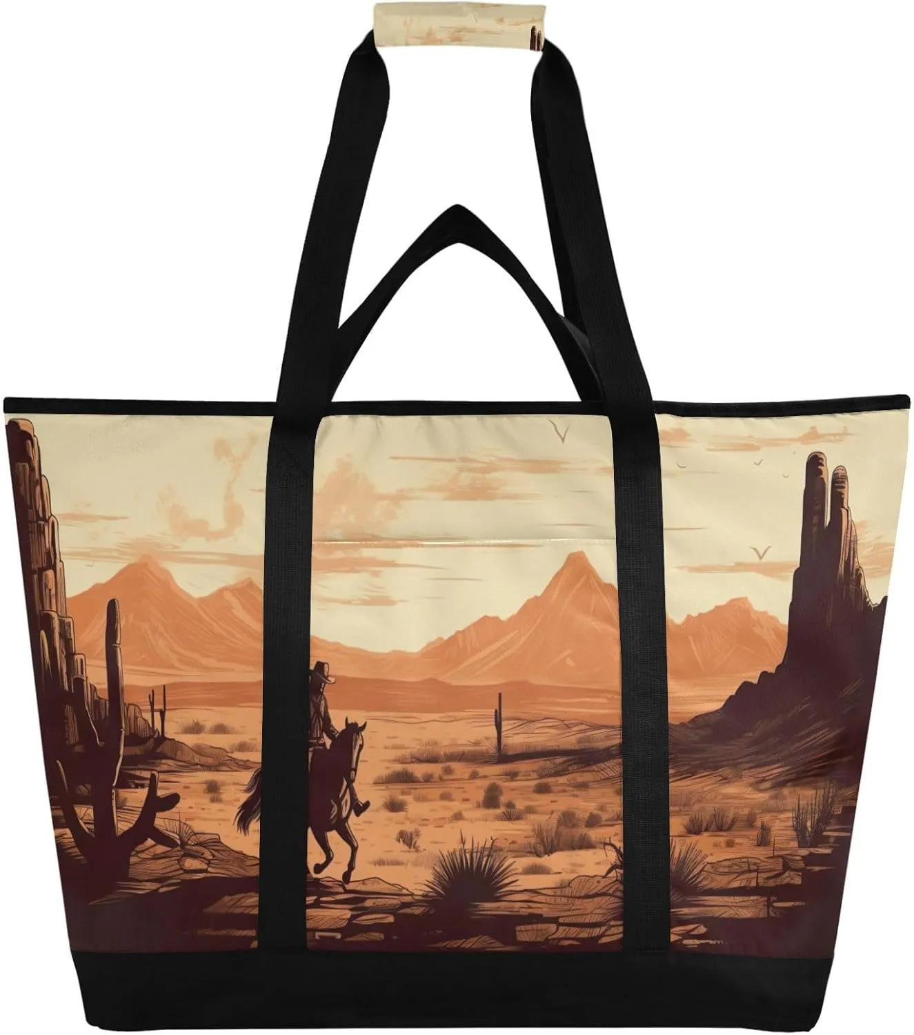 Western Desert Cowboy Reusable Insulated Lunchbox Cooler Bag, Leakproof Kitchen Grocery Bag Collapsible Portable Cooler Tote Bag for Picnic, Camping, Office, Travel