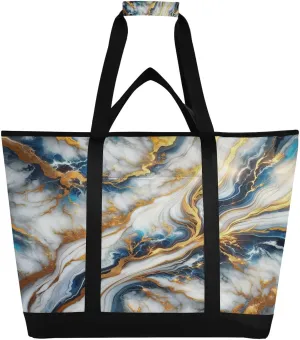 White Blue Gold Marble Reusable Insulated Lunchbox Cooler Bag, Leakproof Kitchen Grocery Bag Collapsible Portable Cooler Tote Bag for Picnic, Camping, Office, Travel