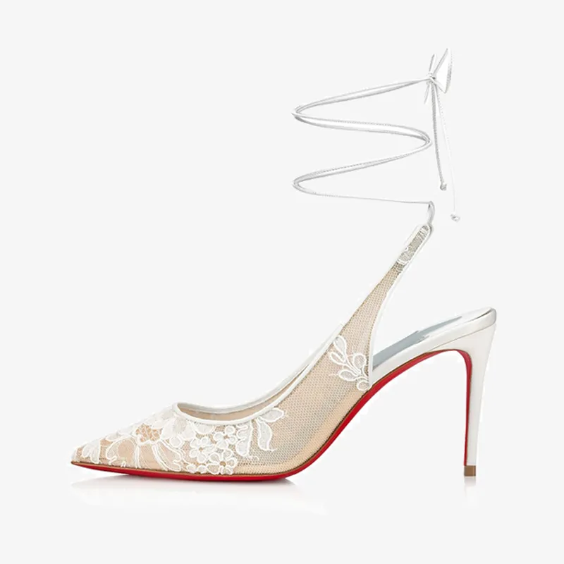 White Lace Slingback Pump with Ankle Tie