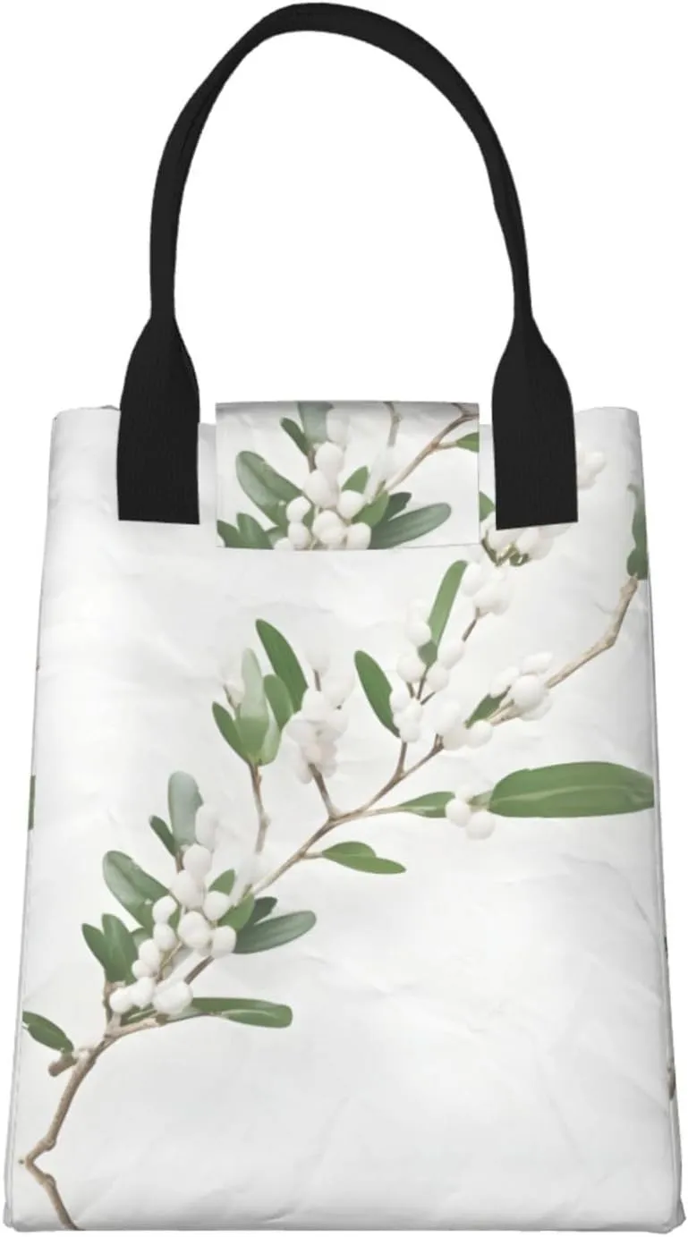 White Wild Green Twig Reusable Paper Bag For Office Workers, Suitable For Picnic, Travel, More