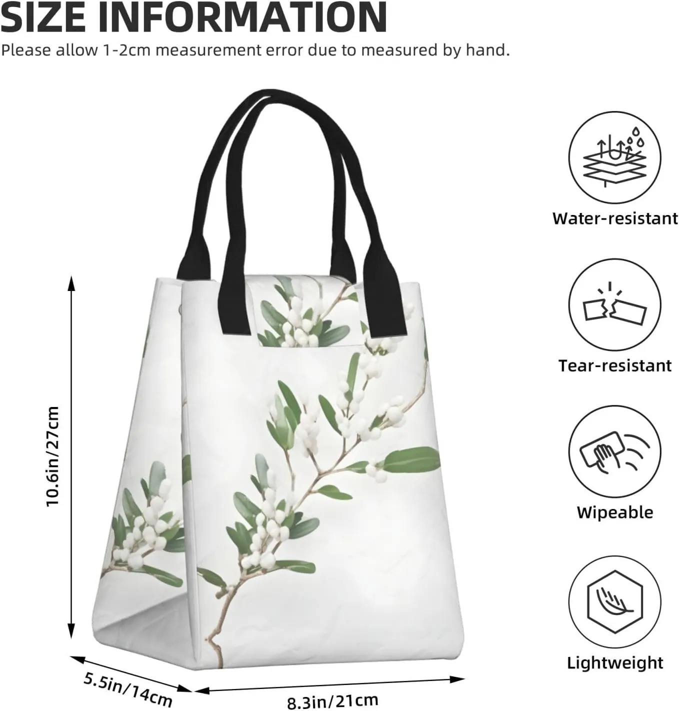 White Wild Green Twig Reusable Paper Bag For Office Workers, Suitable For Picnic, Travel, More