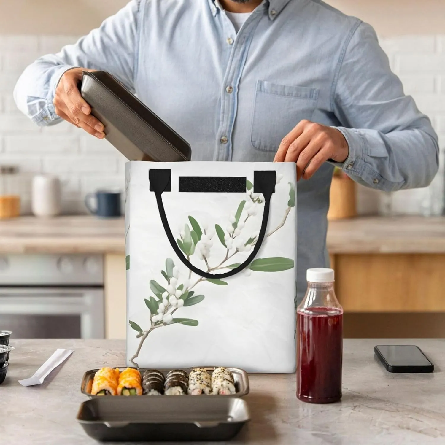 White Wild Green Twig Reusable Paper Bag For Office Workers, Suitable For Picnic, Travel, More