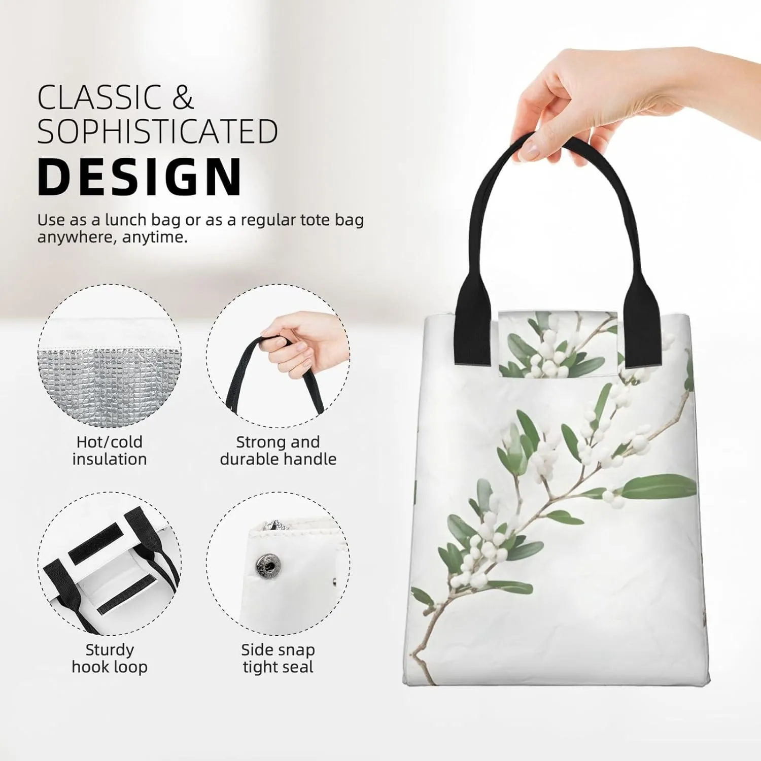 White Wild Green Twig Reusable Paper Bag For Office Workers, Suitable For Picnic, Travel, More