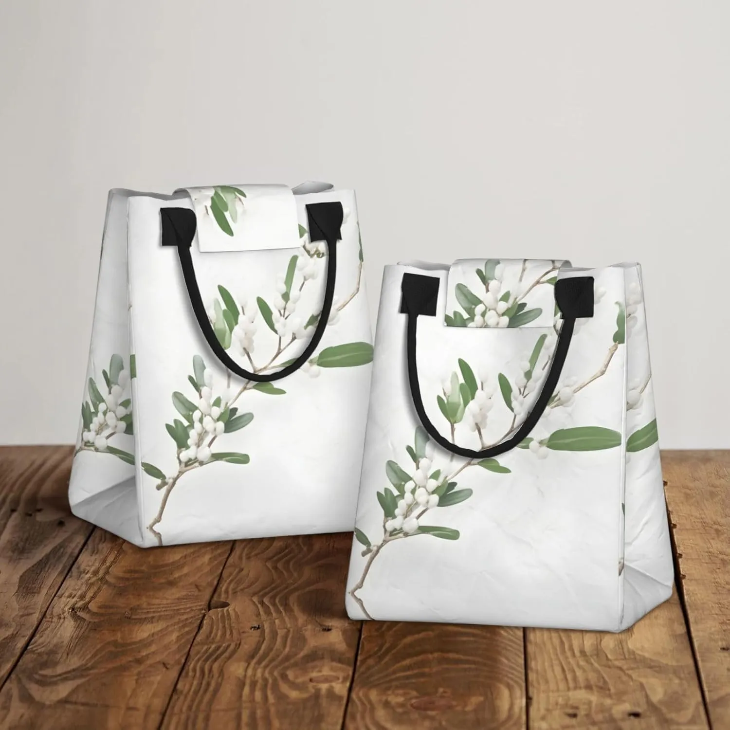 White Wild Green Twig Reusable Paper Bag For Office Workers, Suitable For Picnic, Travel, More