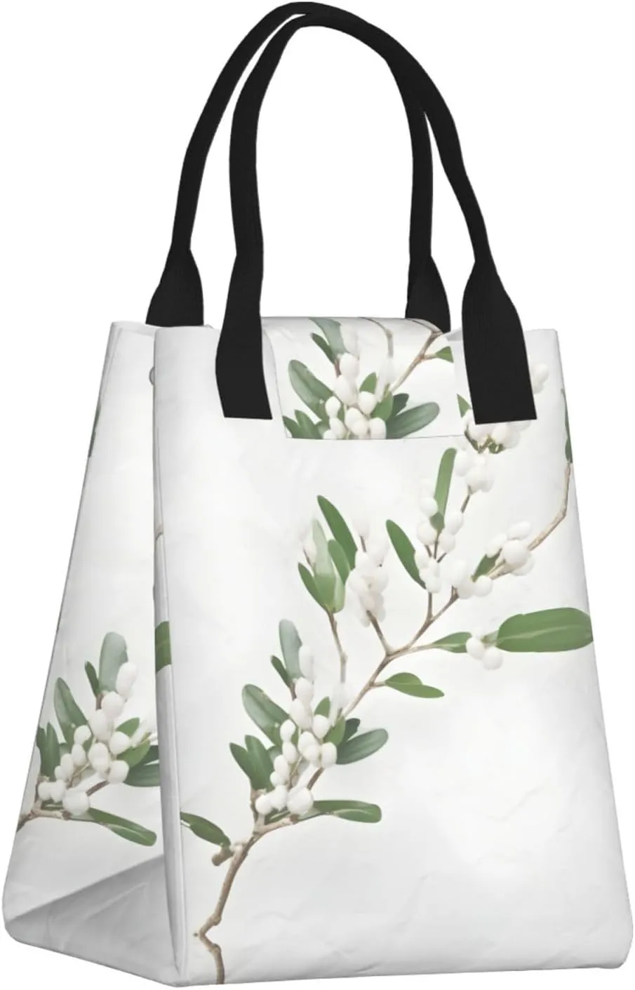 White Wild Green Twig Reusable Paper Bag For Office Workers, Suitable For Picnic, Travel, More